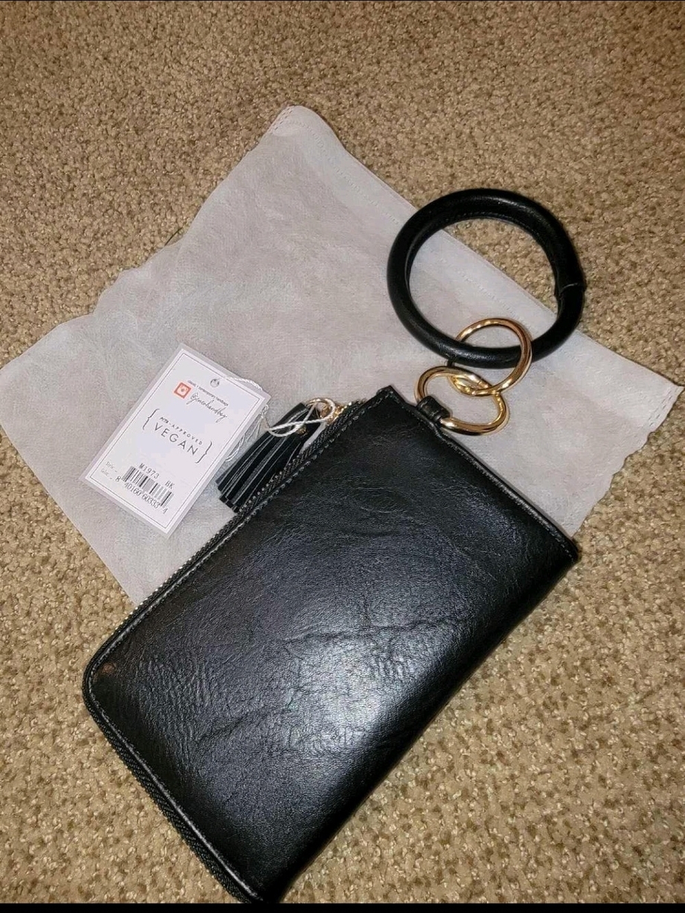 Black Vegan Leather Wristlet Key & Card Holder with Ring